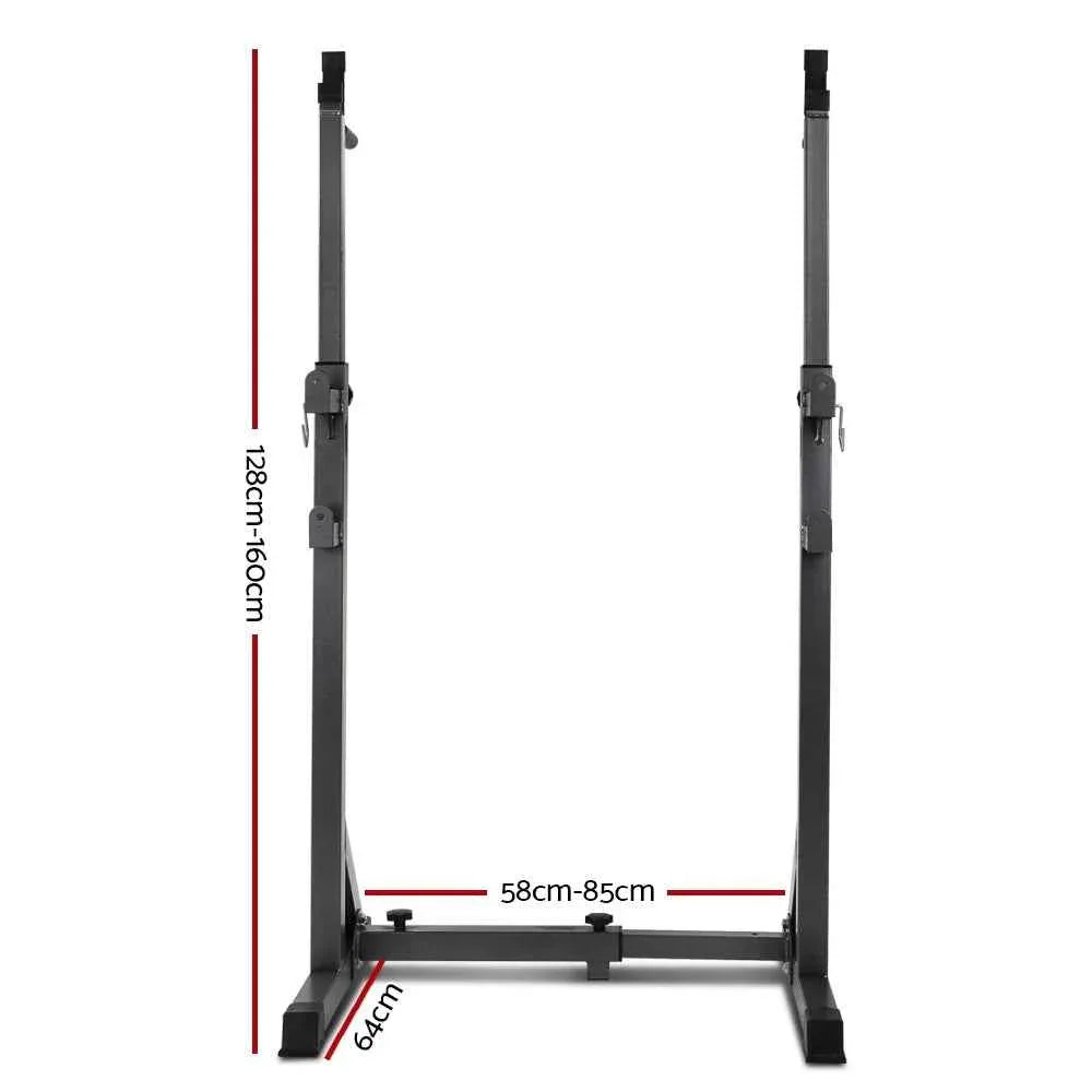 Front view of Everfit squat rack pair showing adjustable height holes and sturdy frame.