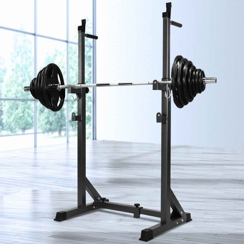 Full shot of Everfit squat rack pair emphasizing adjustable height and solid construction.