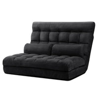 Charcoal suede 2-seater lounge sofa bed in flat, floor-level position with plush cushions.