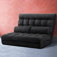 Charcoal 2-seater lounge sofa bed shows compact folded configuration for storage.