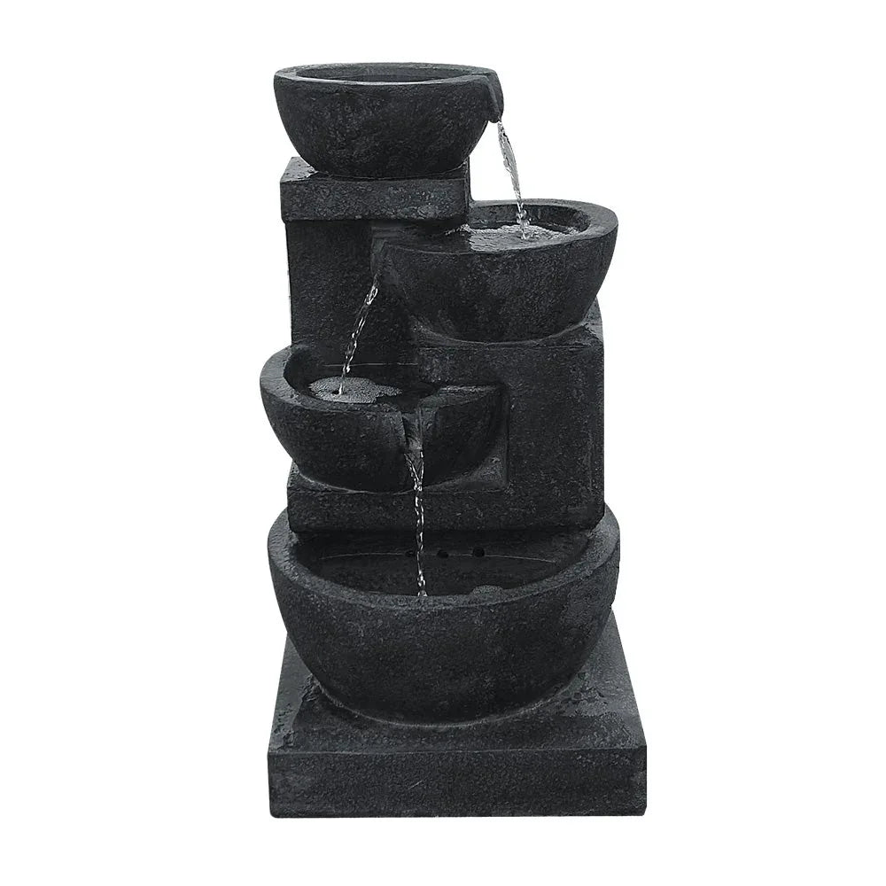 Side view of blue solar-powered bird bath fountain with water fountain tiers
