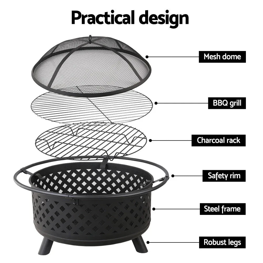 All components of fire pit BBQ kit including poker, tongs, and grill parts.