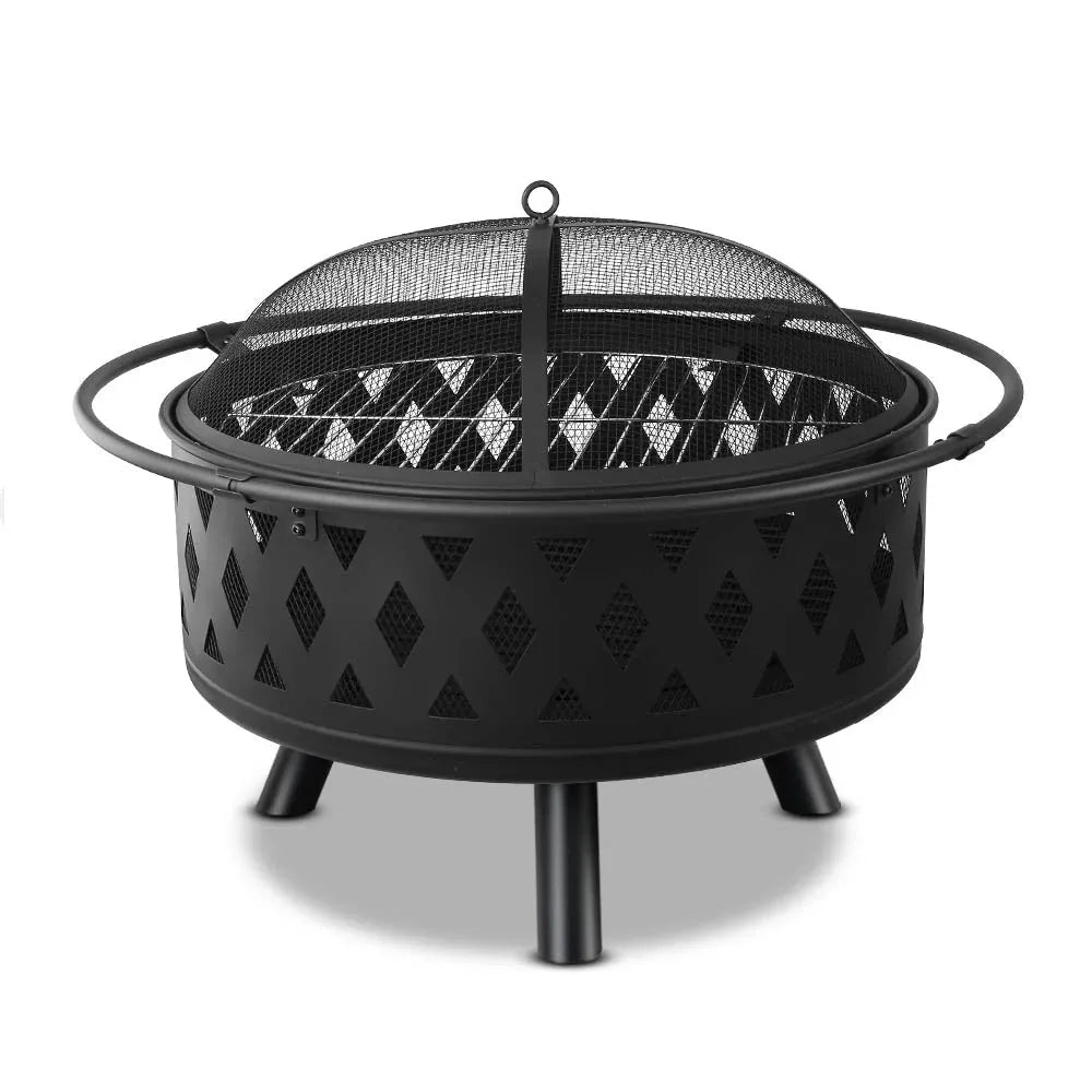 Diamond-patterned portable fire pit grill with mesh dome cover outdoors