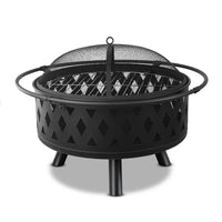 Diamond-patterned portable fire pit grill with mesh dome cover outdoors