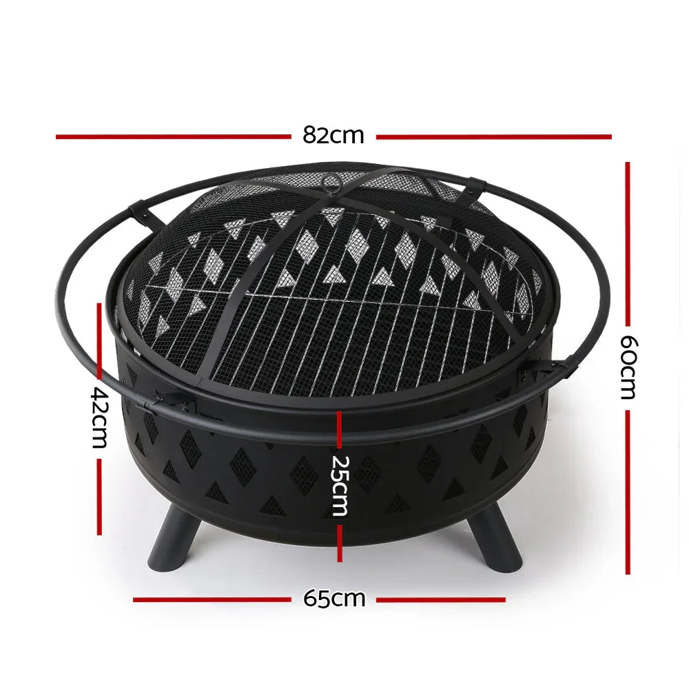 Close-up of fire pit grill ring showing stainless steel grill plate and ventilation holes