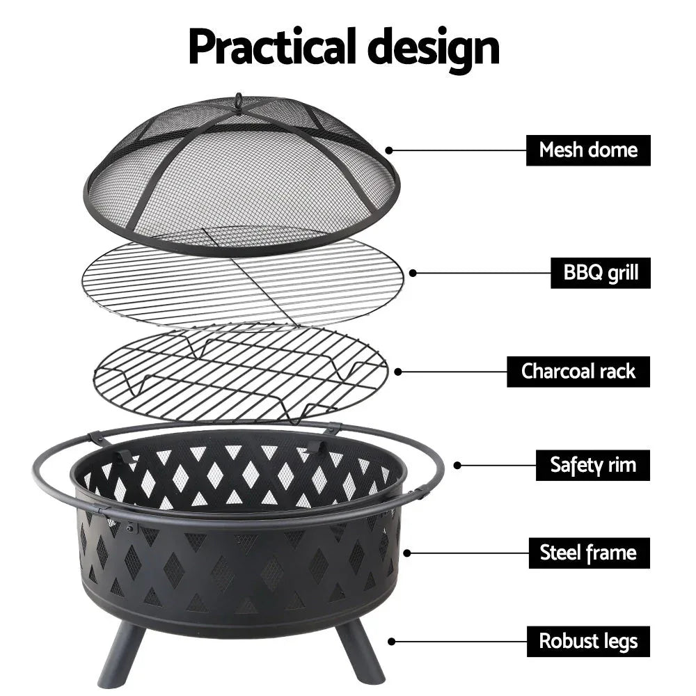 Fire pit outlining diamond shape pattern with ventilation, ready for cooking and warmth