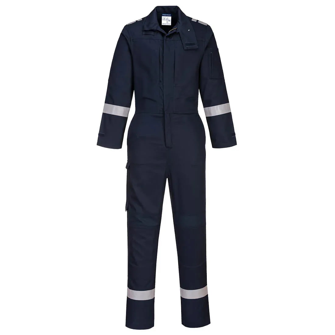 Rear view of lightweight Bizflame Plus protective coverall in navy with elastic back support.