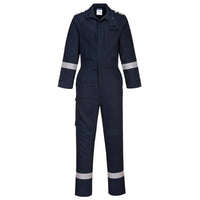Rear view of lightweight Bizflame Plus protective coverall in navy with elastic back support.