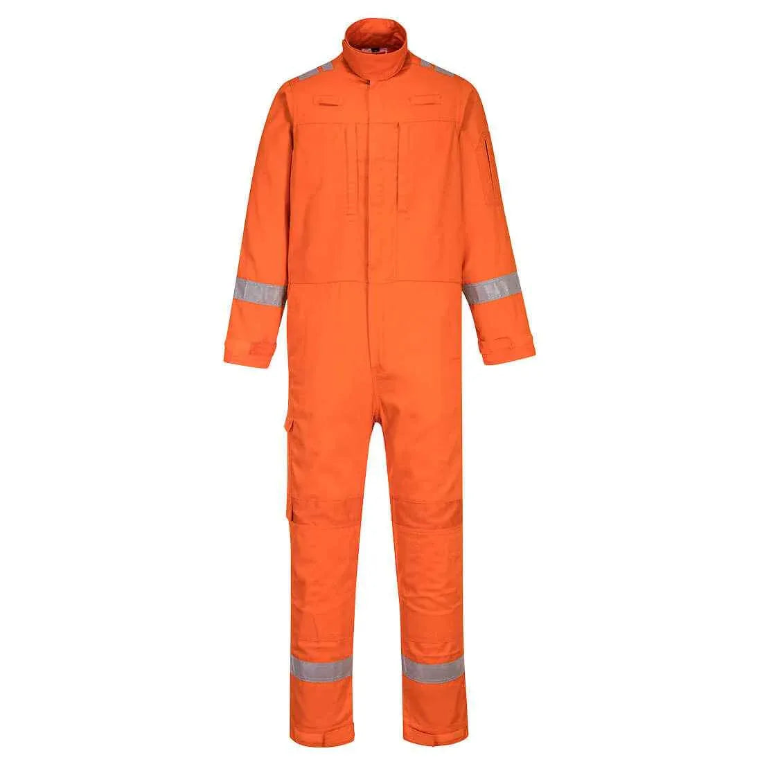 Front view of lightweight ergonomic work coverall with ventilation panels in bright orange.