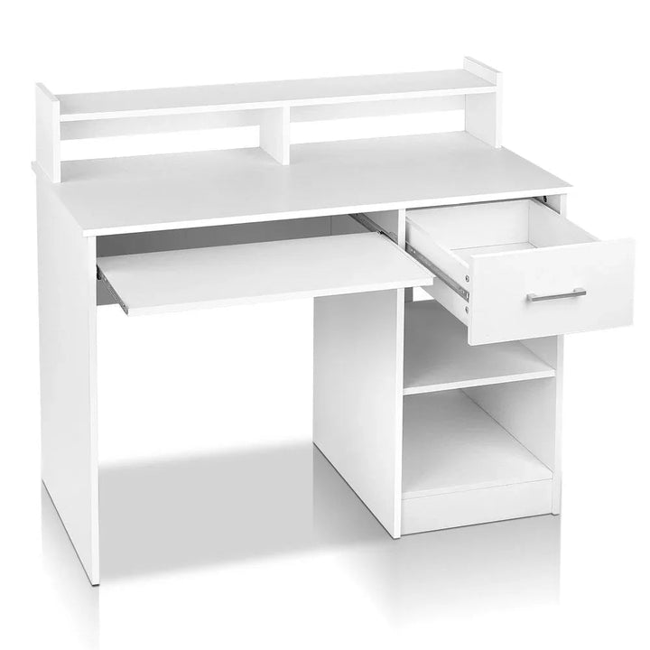 White office computer desk with open and closed storage compartments on the side.