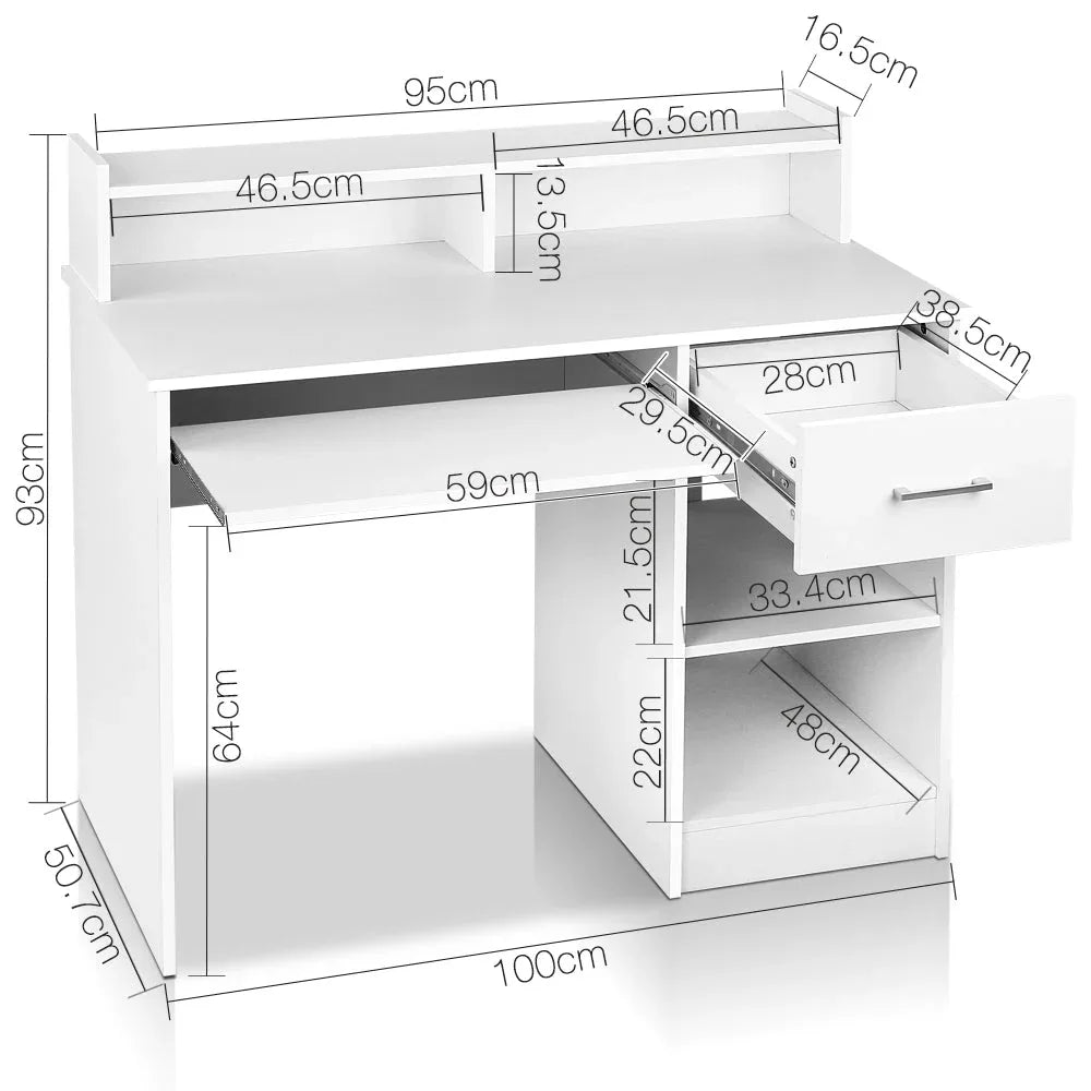 Side view showing adjustable shelves and closed drawer on white computer desk.