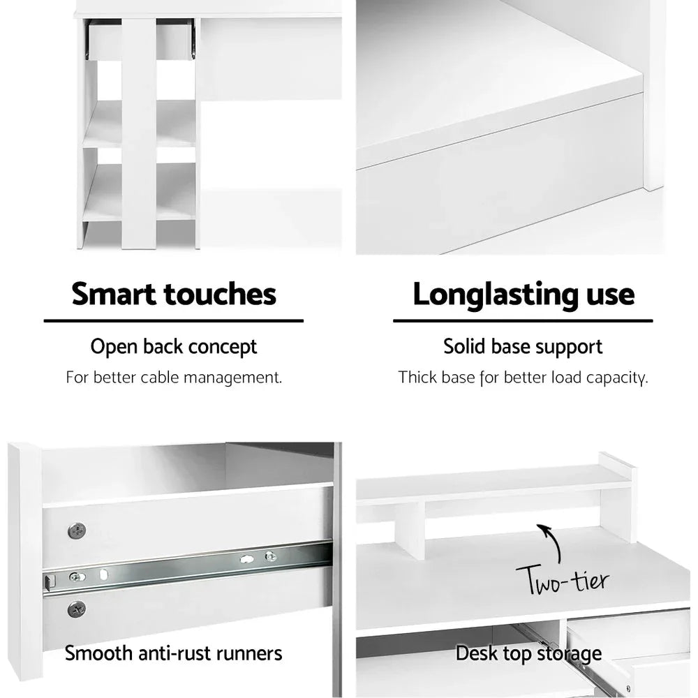 White computer desk fully assembled with storage shelves and keyboard tray.