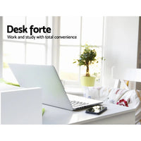 Detail of drawer handle and shelf compartments on white office computer desk.