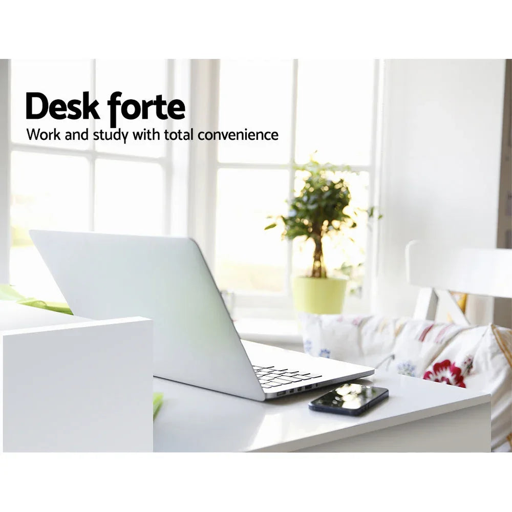 Detail of drawer handle and shelf compartments on white office computer desk.