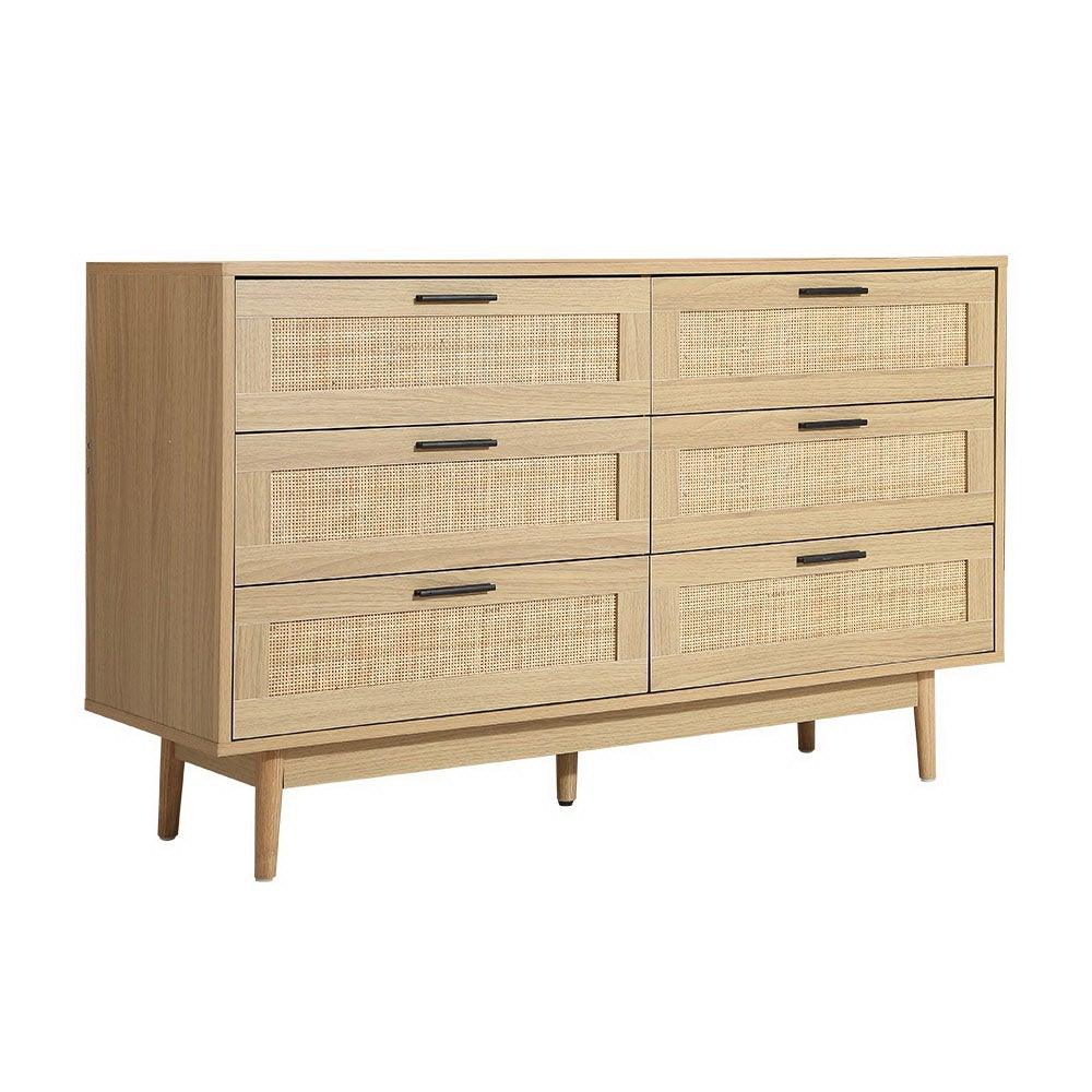 Tallboy chest of six drawers with woven rattan design in light wood finish.