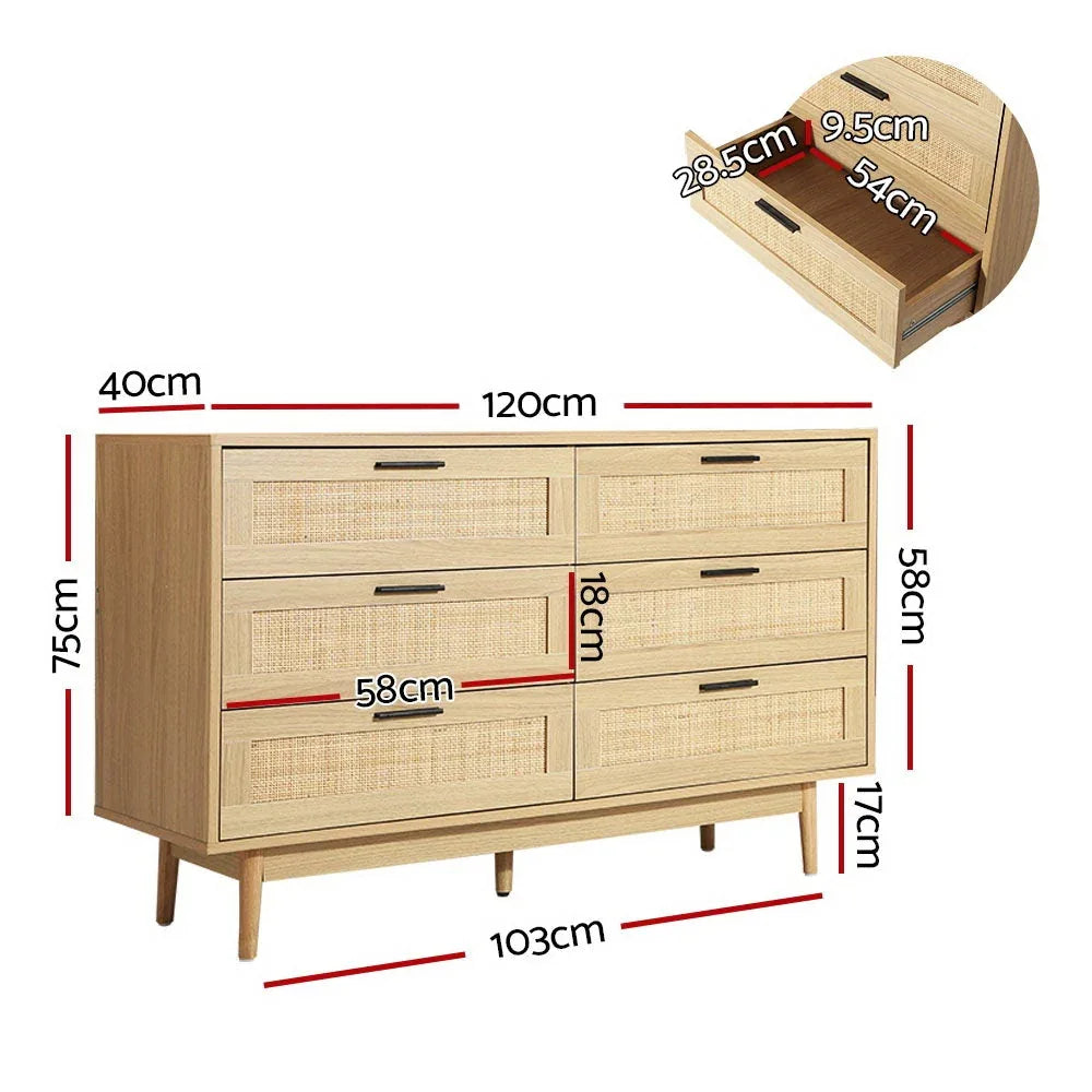 Close side view of rattan six-drawer cabinet showing woven texture and wooden frame.