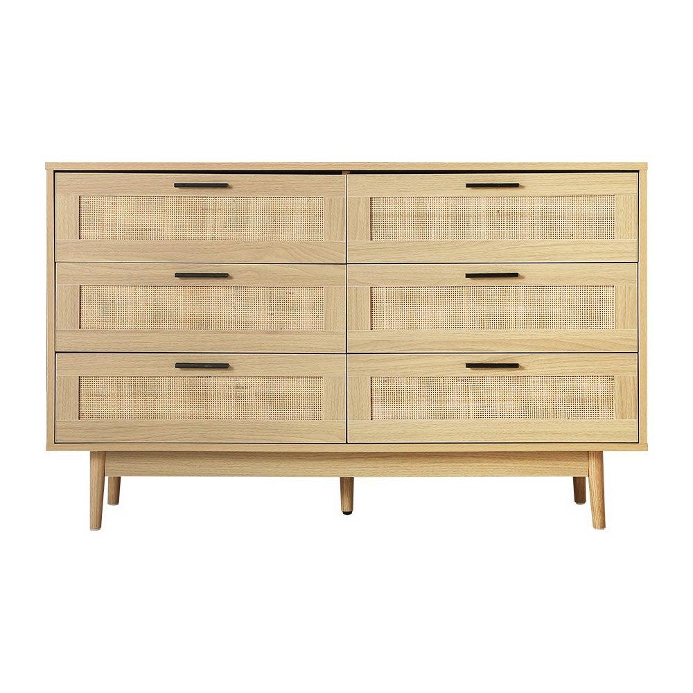 Top angle showing six spacious drawers with wicker fronts on tallboy cabinet.