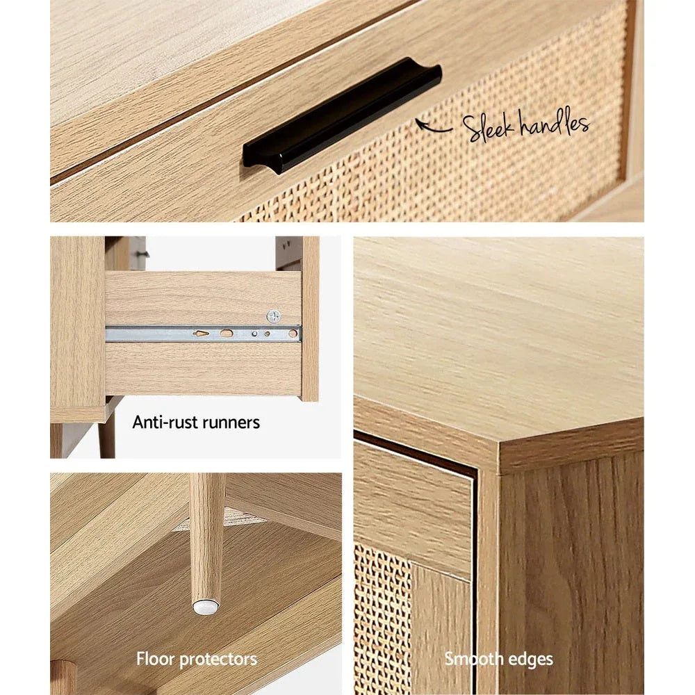 Side profile of natural rattan tallboy cabinet showing weaving detail and legs.