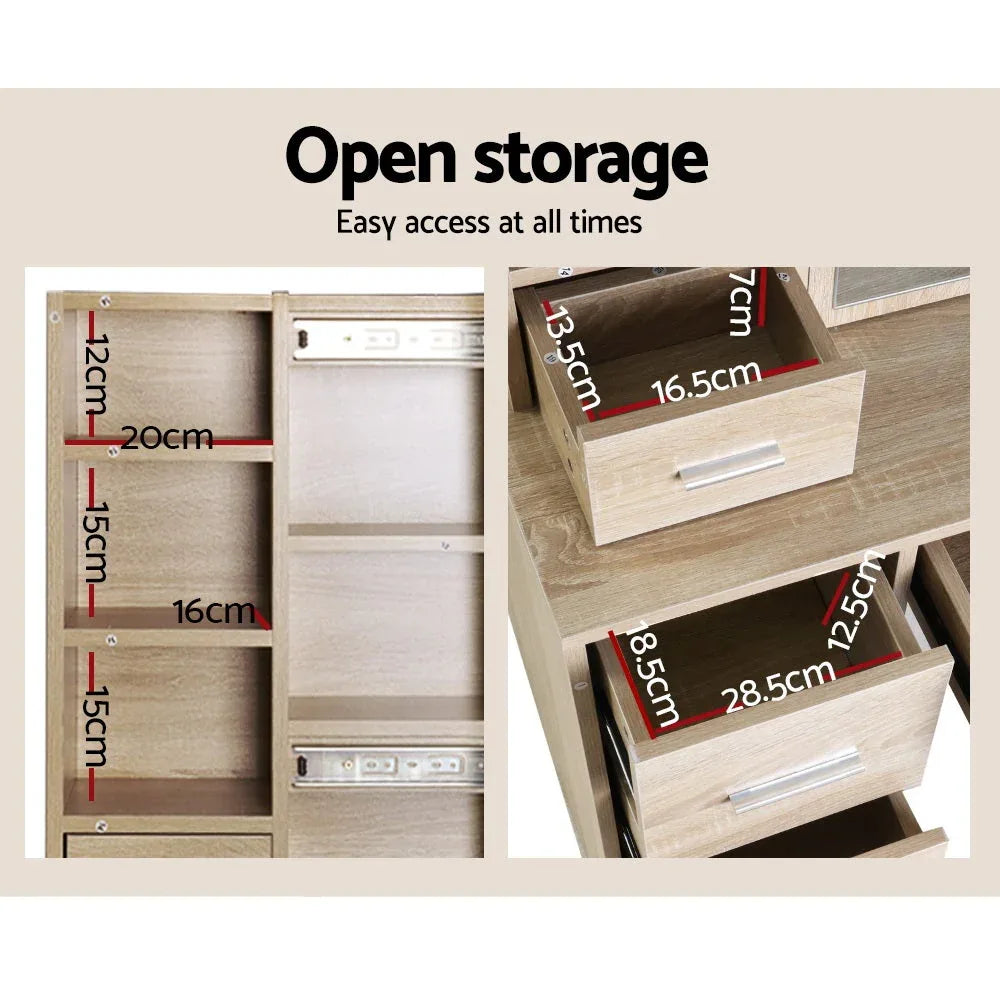 Dressing table showing multiple storage compartments and sliding mirror in modern design.