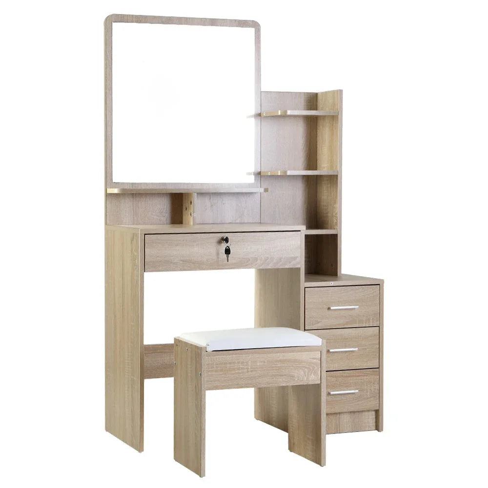 Artiss dressing table with large mirror, white tabletop, and cushioned stool in modern bedroom setting.