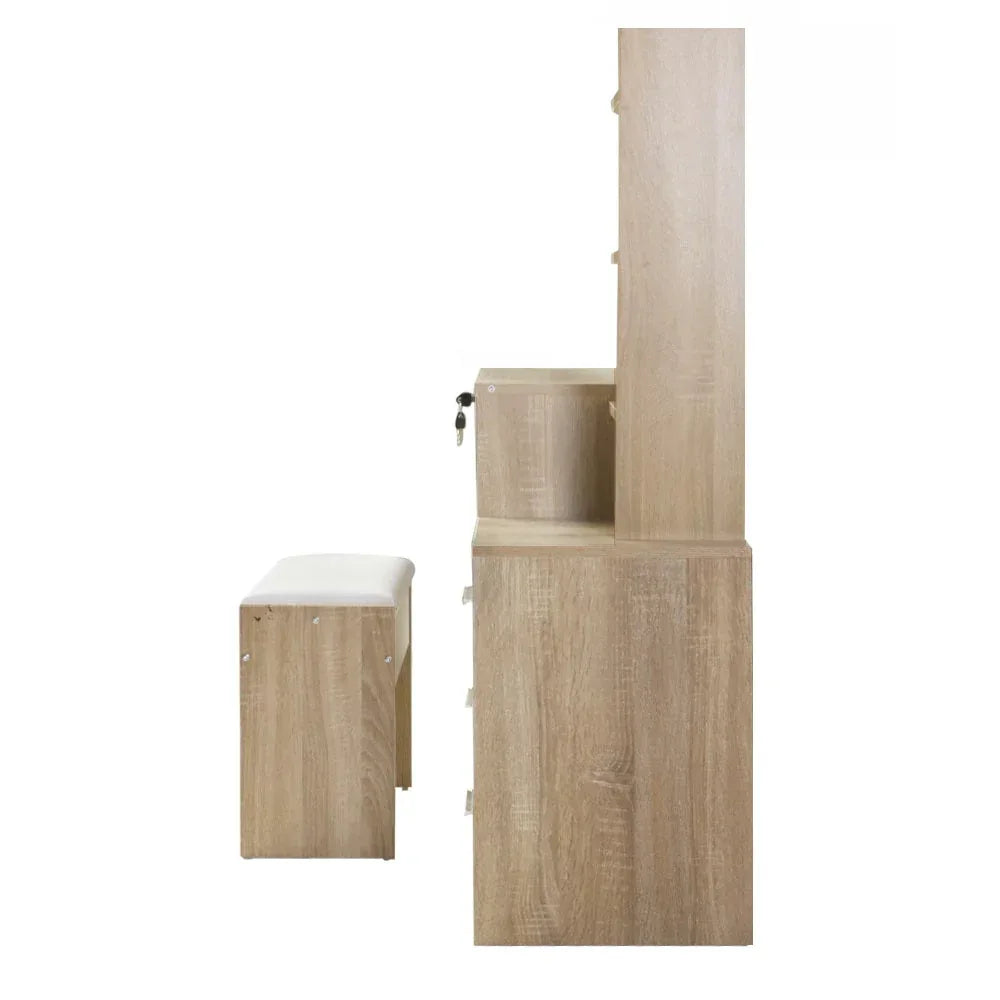 Side view of vanity table and cushioned stool highlighting sleek, contemporary design.