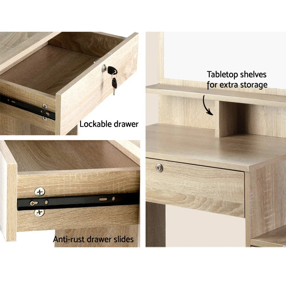 Dressing table stool with thick white cushion and wooden legs on wooden floor.