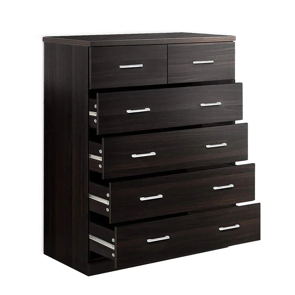 Artiss Tallboy 6-drawer storage cabinet in walnut finish in a modern room setting.