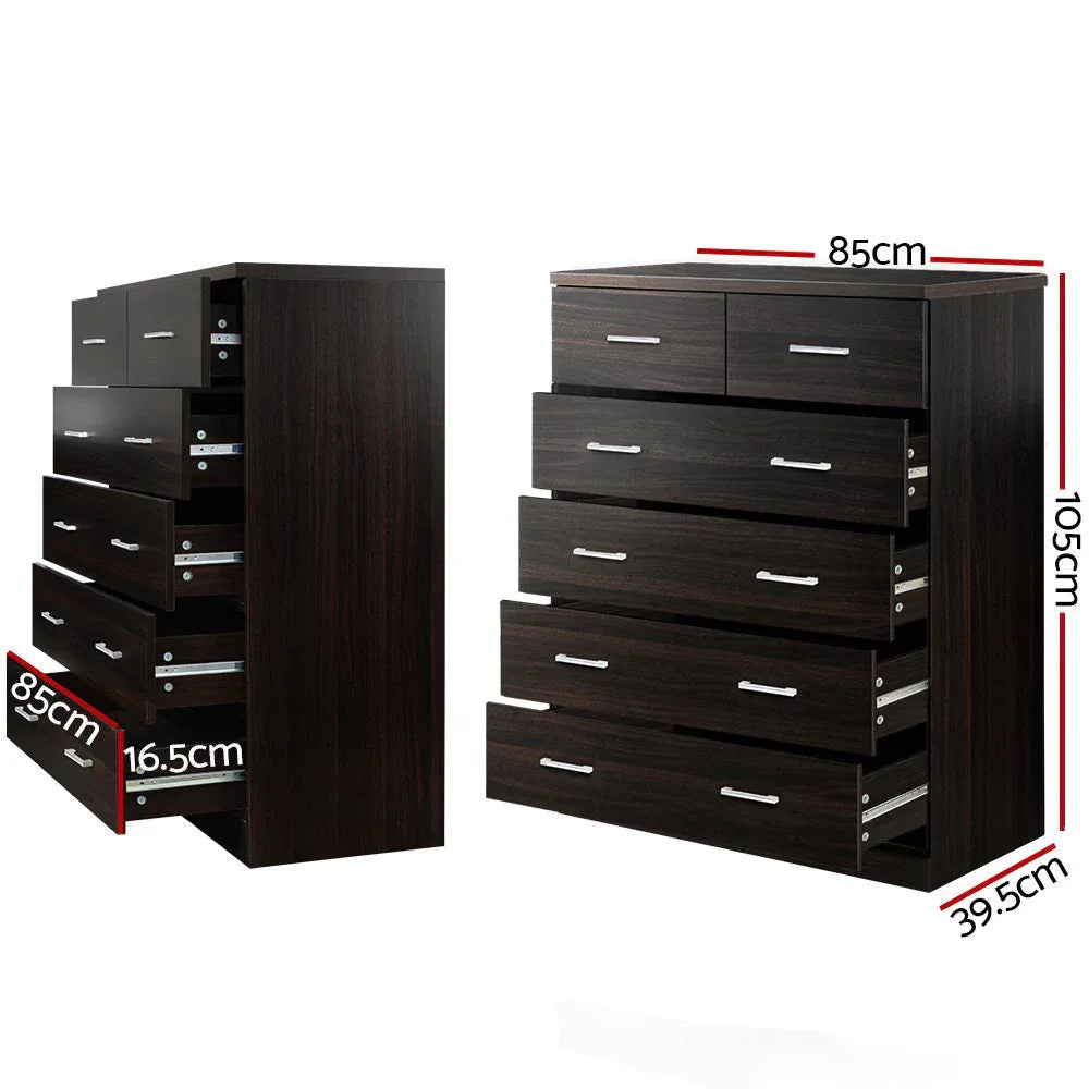 Close-up of walnut finish and smooth drawer fronts on Artiss 6-drawer tallboy.