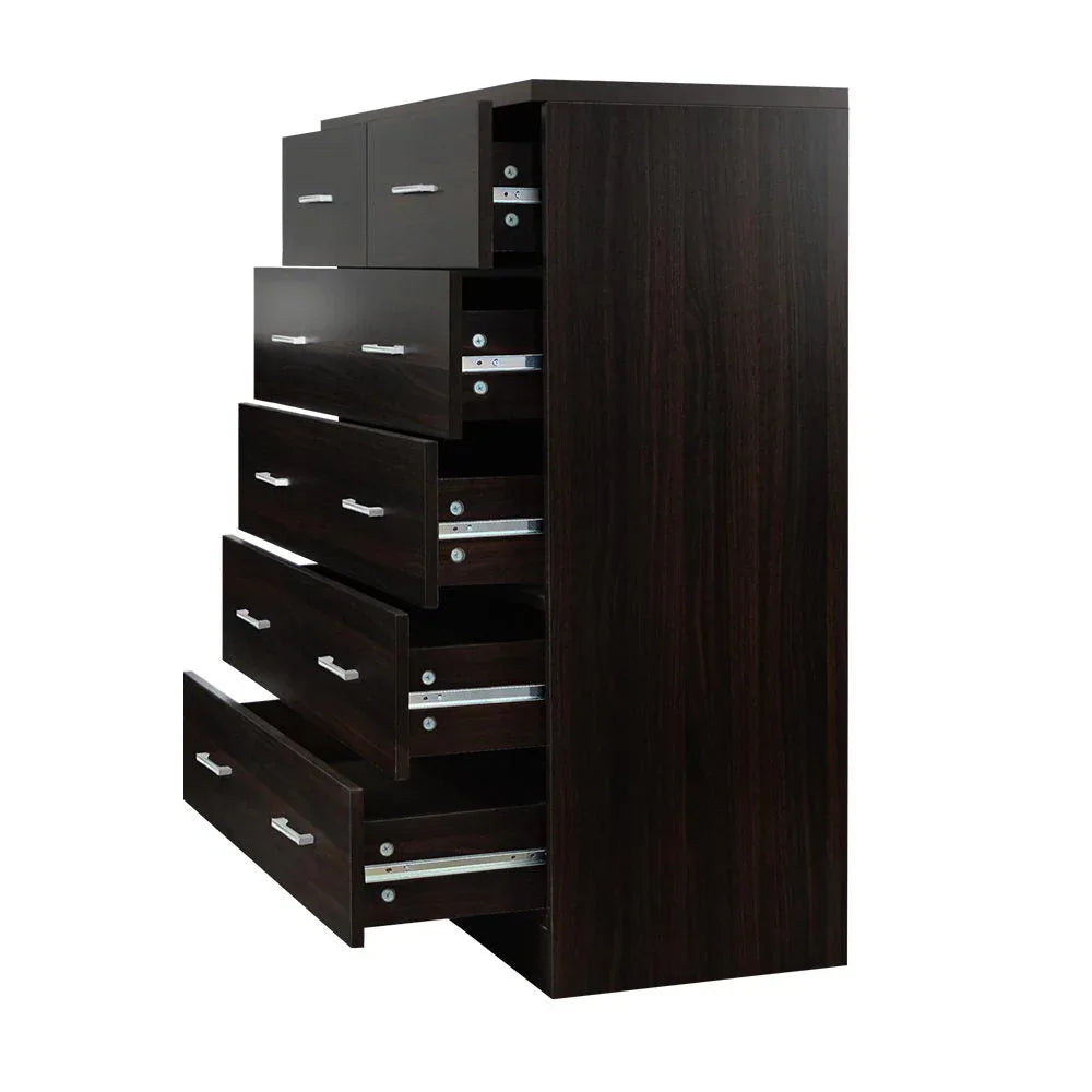 Opened drawer revealing spacious interior of Artiss 6-drawer cabinet in walnut.