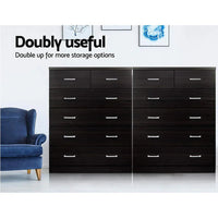 Artiss 6-drawer tallboy cabinet shown with decorative items on top in room.