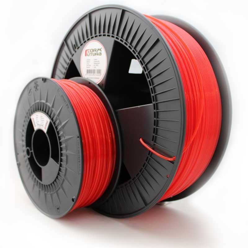 Large spool of flaming red PLA 3D printer filament in studio light