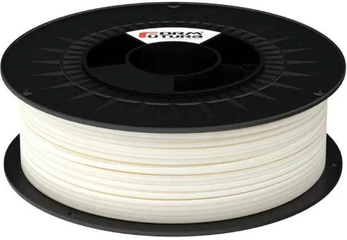 Close-up of large spool of frosty white PLA 3D printer filament