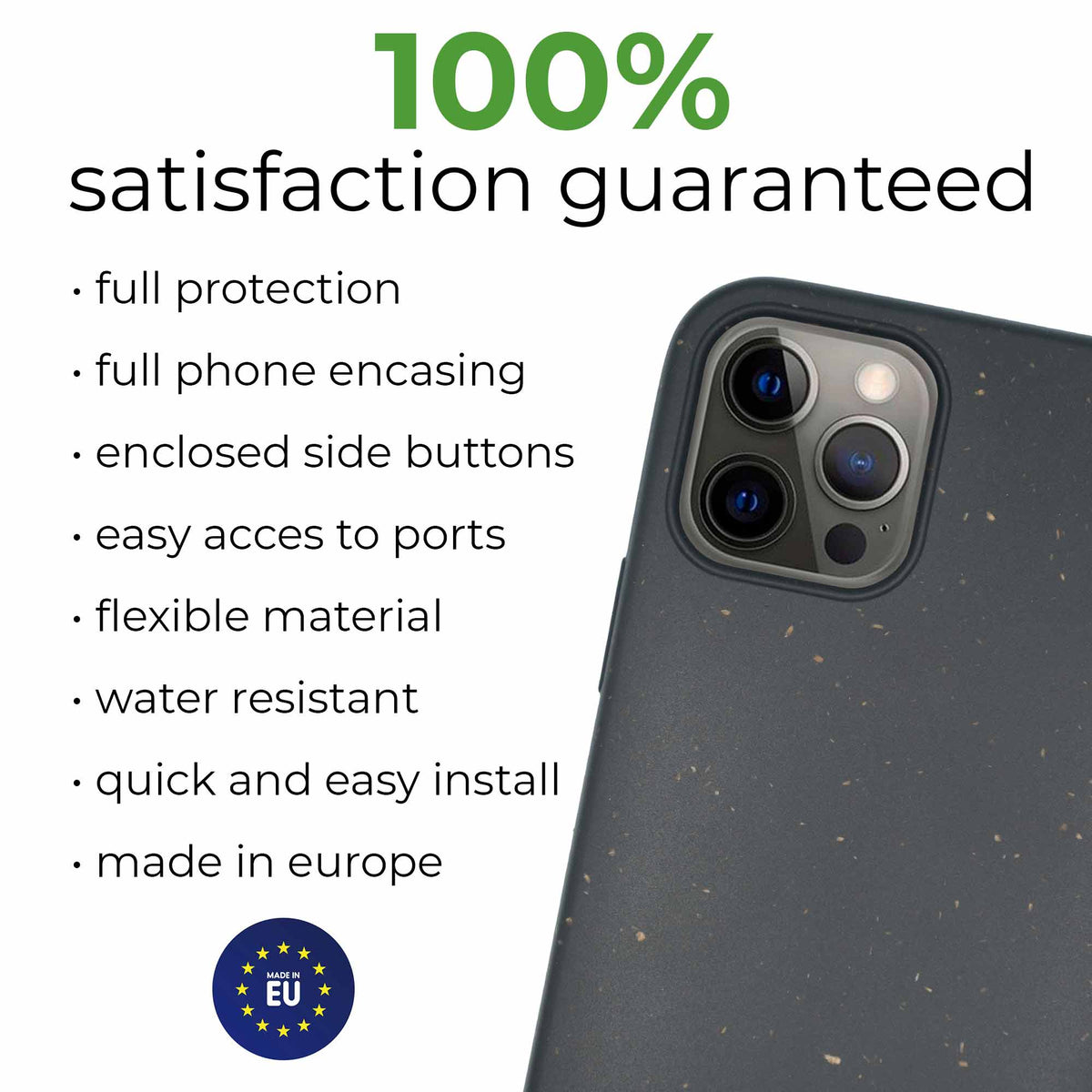 Black biodegradable phone case providing full protection for an iPhone.