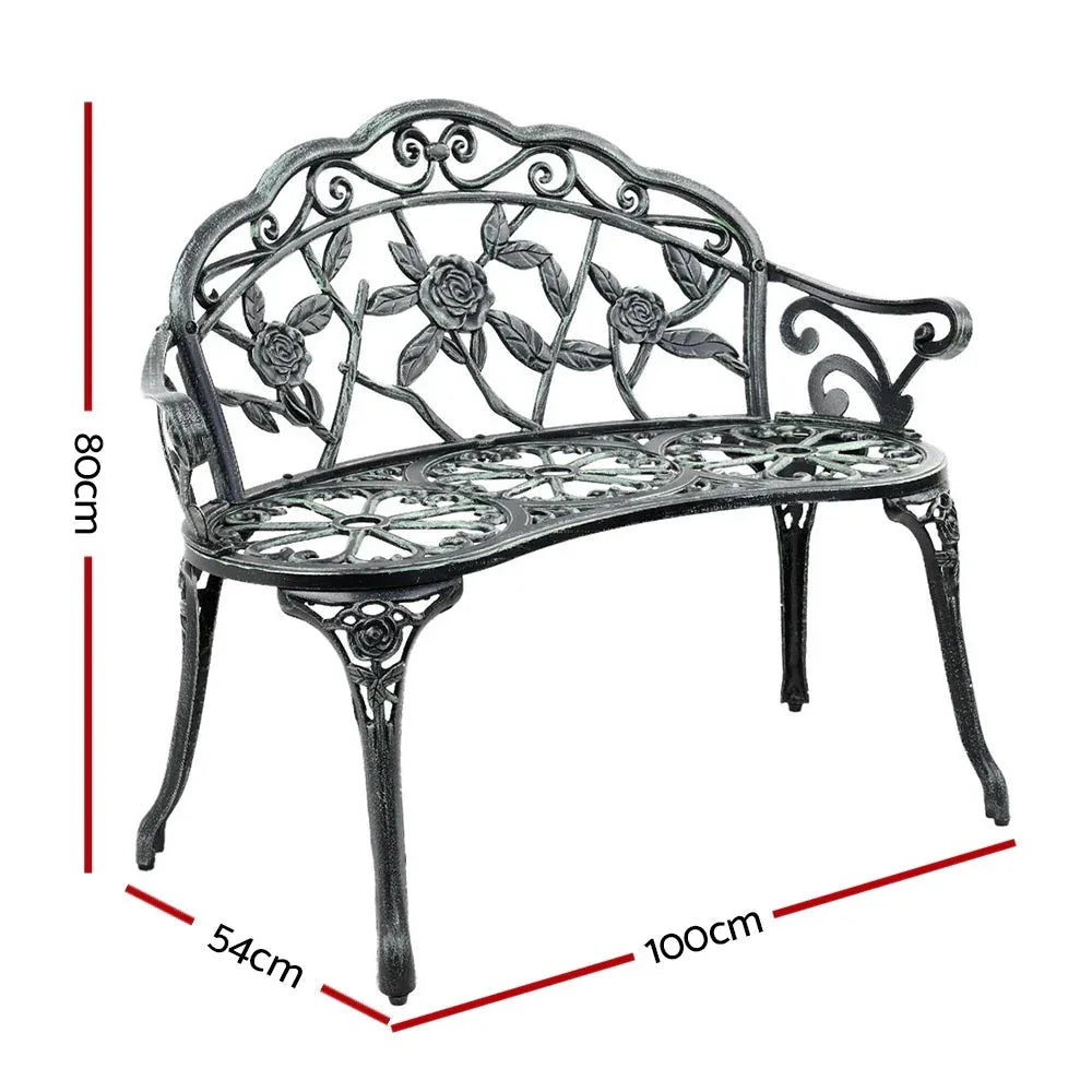 Side view of green Victorian garden bench showing powder-coated cast iron legs.