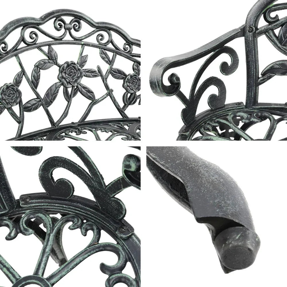 Benchtop detail showing ornate aluminum seat with decorative patterns.