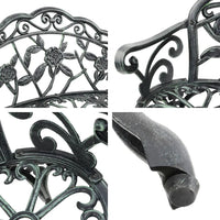Benchtop detail showing ornate aluminum seat with decorative patterns.