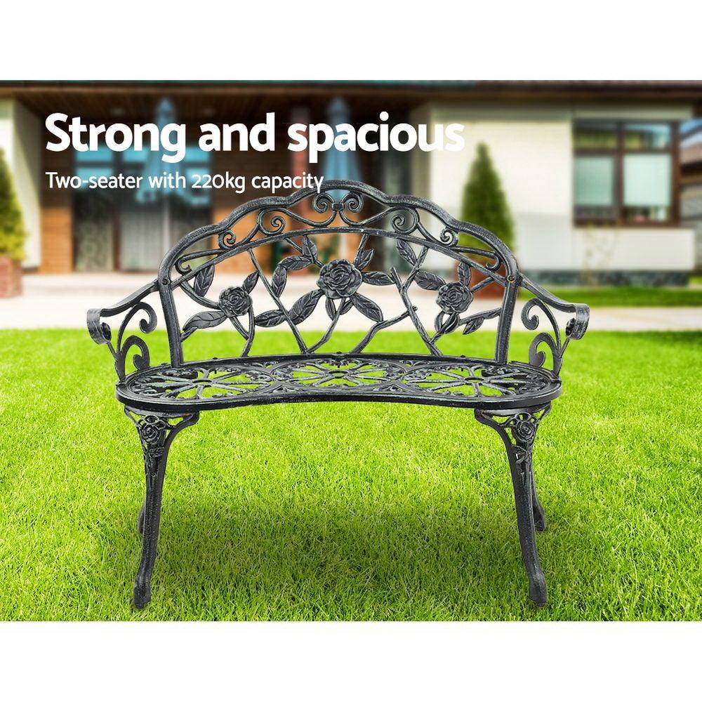 Adjustable rubber feet on green garden bench supporting stability on uneven ground.