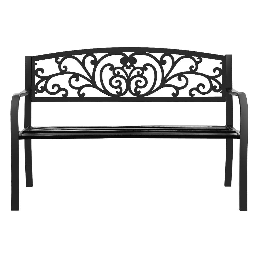 Side view of black iron garden bench showing powder-coated cast iron legs for durability.