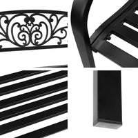 Top view highlighting garden bench's ornate metal seat and supportive back design.