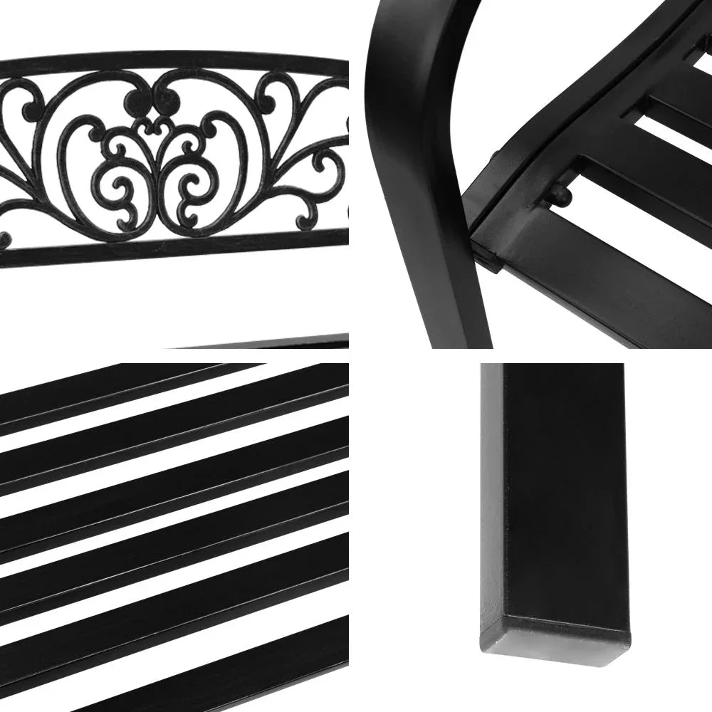 Top view highlighting garden bench's ornate metal seat and supportive back design.