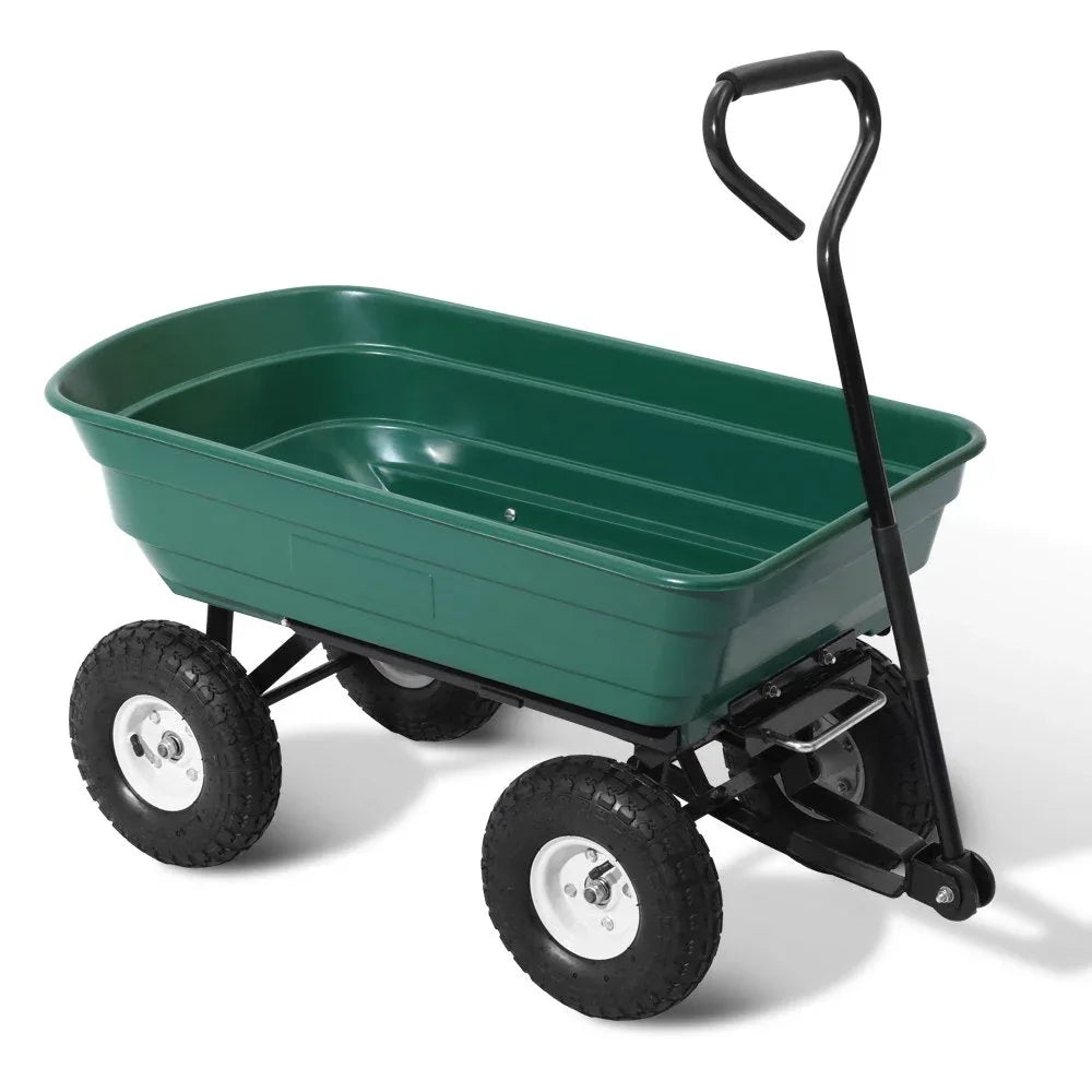 Green 75L garden dump cart with sturdy frame and large wheels on a concrete surface