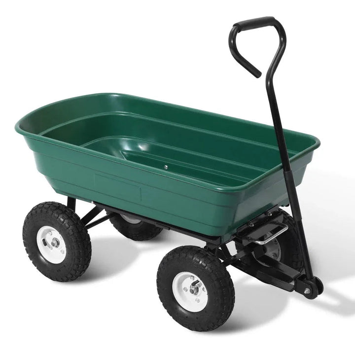 Green 75L garden dump cart with sturdy frame and large wheels on a concrete surface