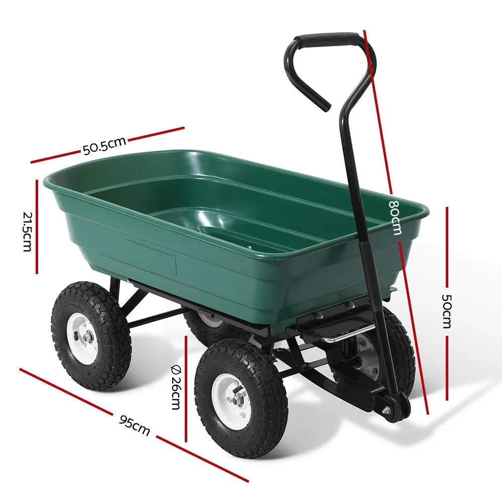 Side view of green garden dump cart showing reinforced metal sides and D-shaped handle