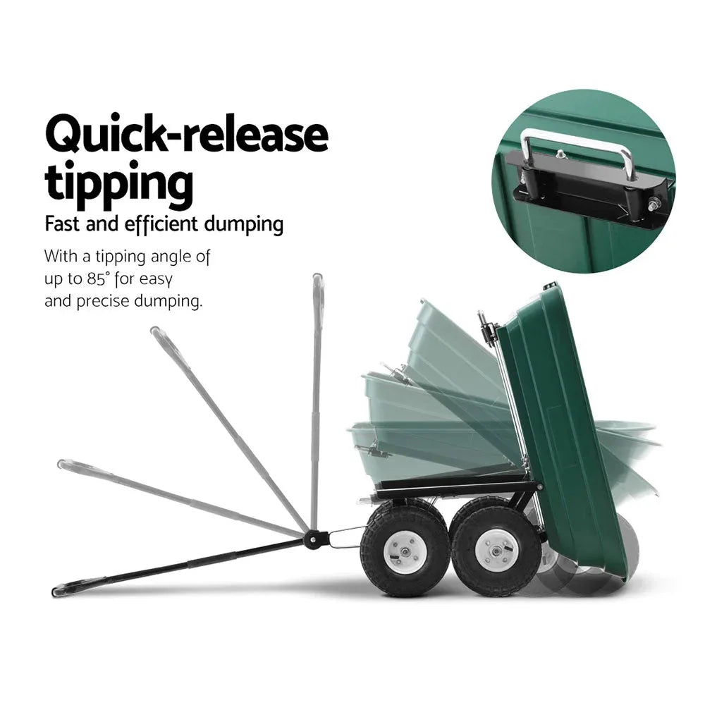 Close-up of green garden dump cart's spring-loaded dumper release locking handle