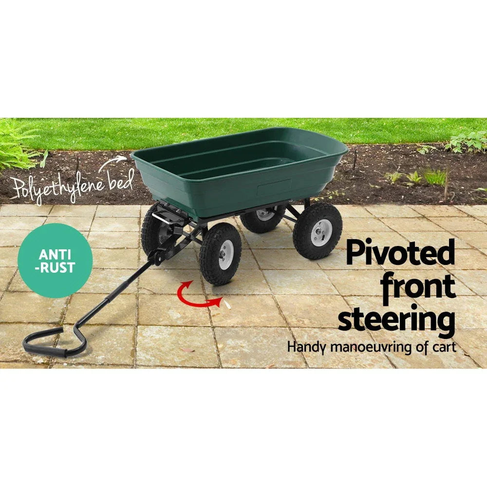 Garden dump cart tilted upward demonstrating dumping feature and durable construction