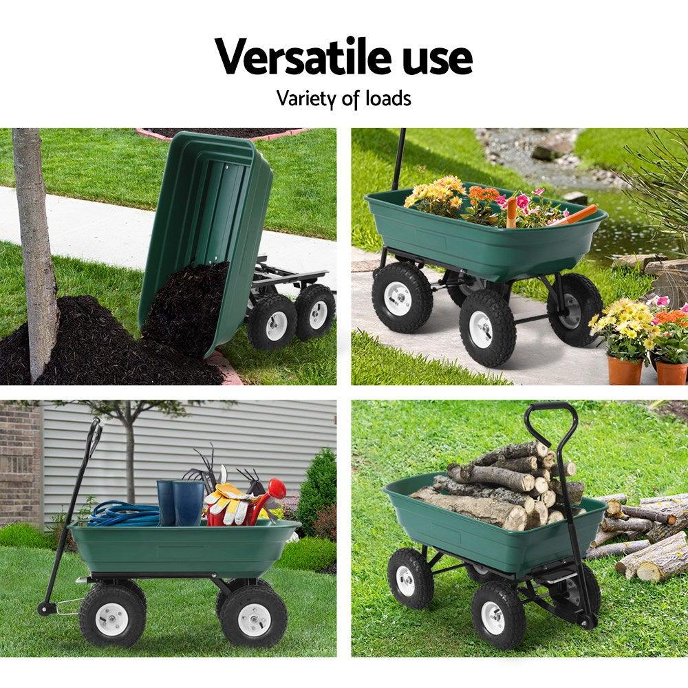 Green dump cart loaded with garden soil and plants, showing capacity and load handling
