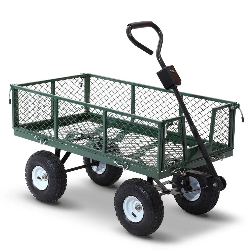 Green mesh steel garden cart with high sides on a white background.