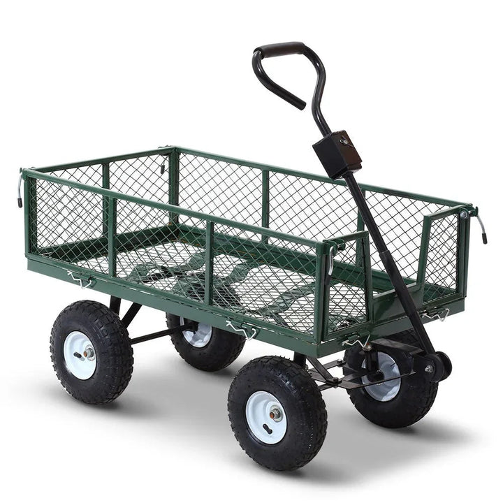 Green mesh steel garden cart with high sides on a white background.
