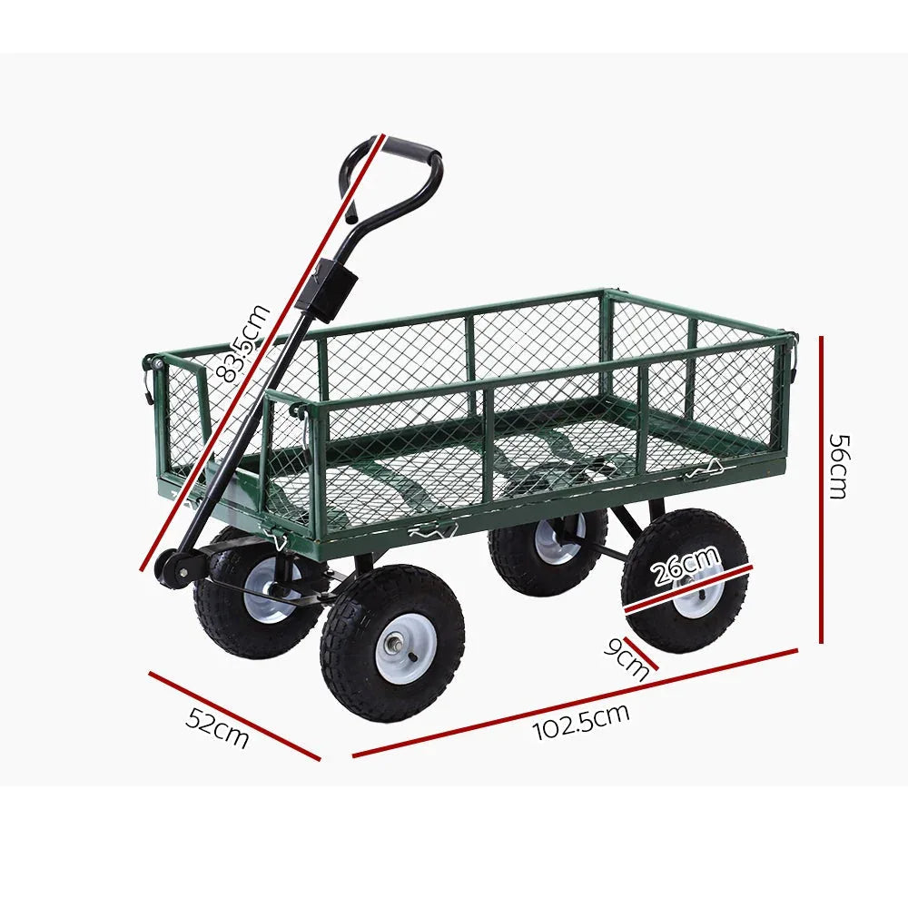 Close-up of green mesh steel garden cart wheel and steel frame.