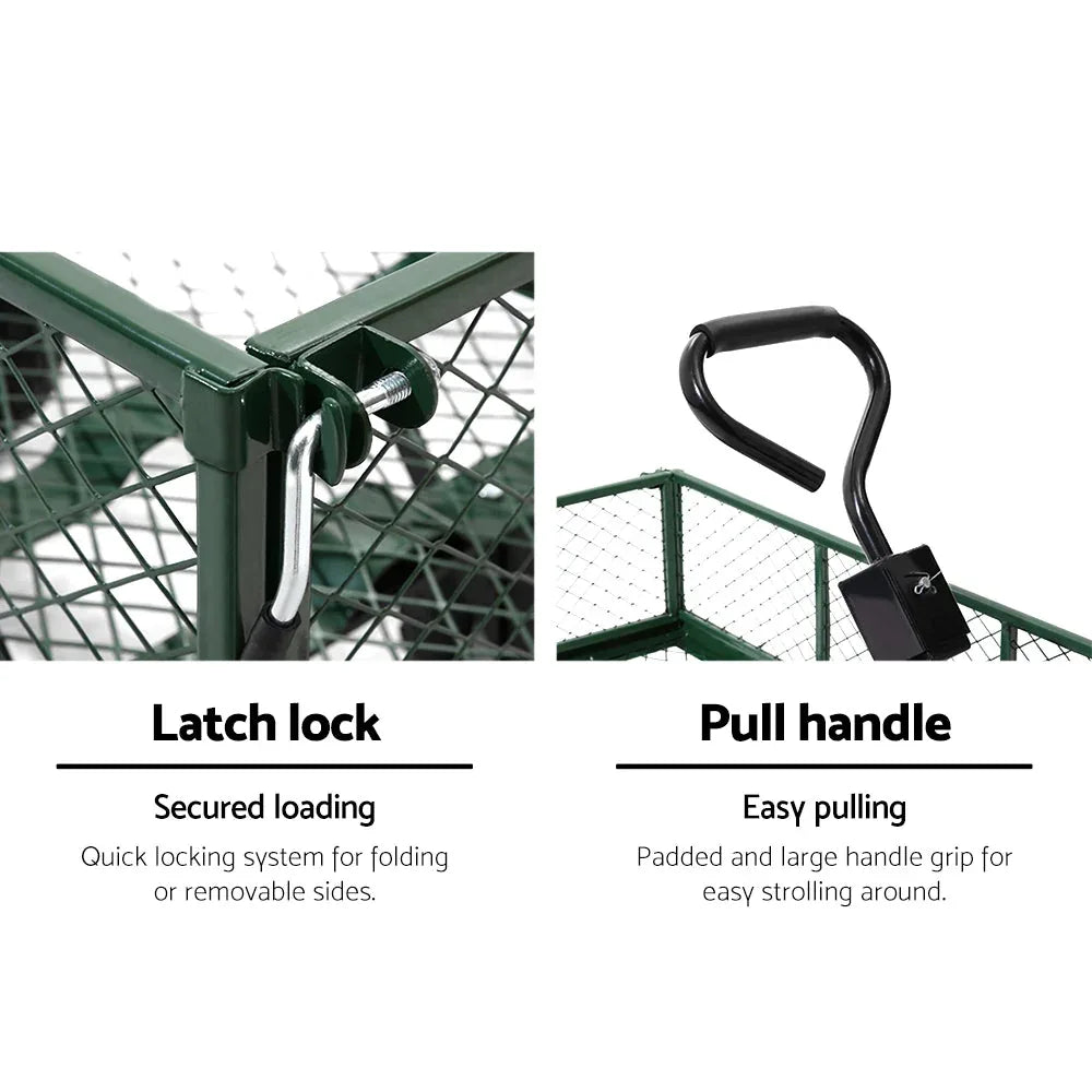 Side view of green mesh garden cart showing spacious mesh basket and sturdy frame.